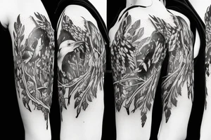 A black and white crow, madusa, and a deer in a forest with birds flying over. tattoo idea