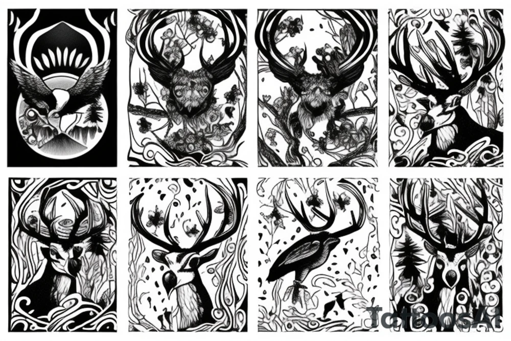 A black and white crow, madusa, and a deer in a forest with birds flying over. tattoo idea