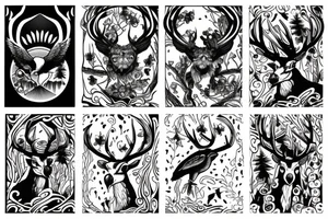 A black and white crow, madusa, and a deer in a forest with birds flying over. tattoo idea