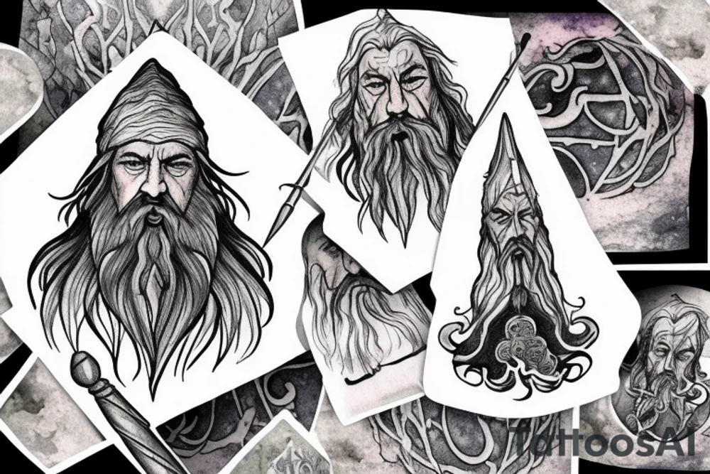 gandalf wizard with clouds everywhere, night sky tattoo idea