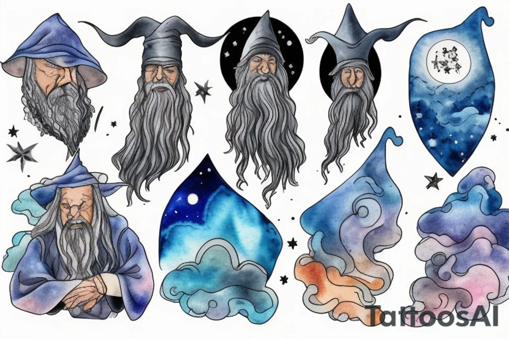 gandalf wizard with clouds everywhere, night sky tattoo idea