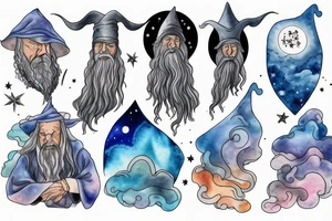 gandalf wizard with clouds everywhere, night sky tattoo idea