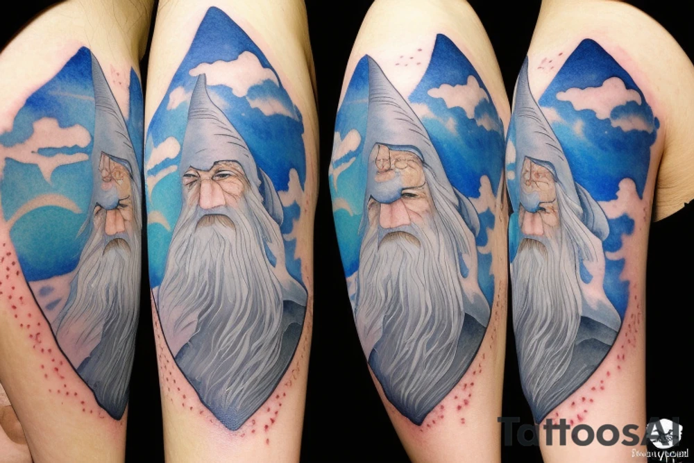 gandalf wizard with clouds everywhere, night sky tattoo idea