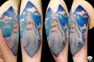 gandalf wizard with clouds everywhere, night sky tattoo idea