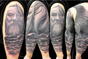 gandalf wizard with clouds everywhere, night sky tattoo idea