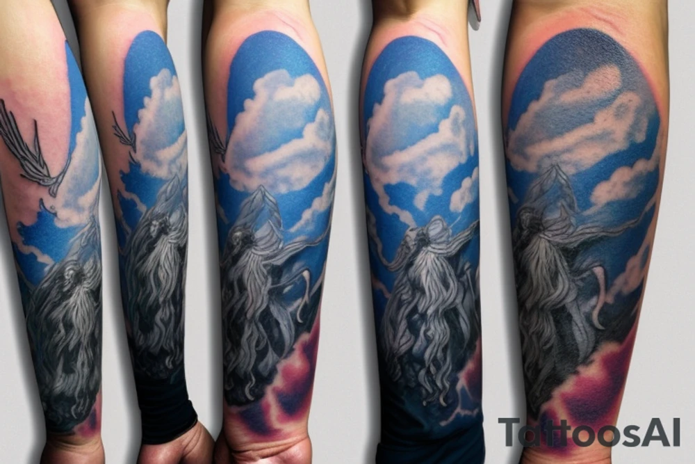 gandalf wizard with clouds everywhere, night sky tattoo idea