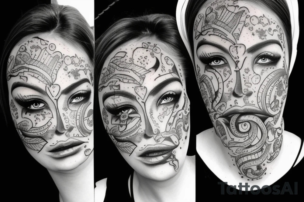 A head with multiple faces tattoo idea