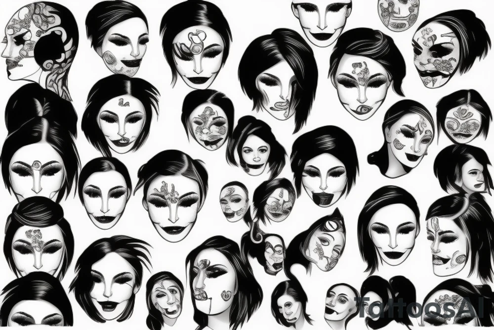 A head with multiple faces tattoo idea