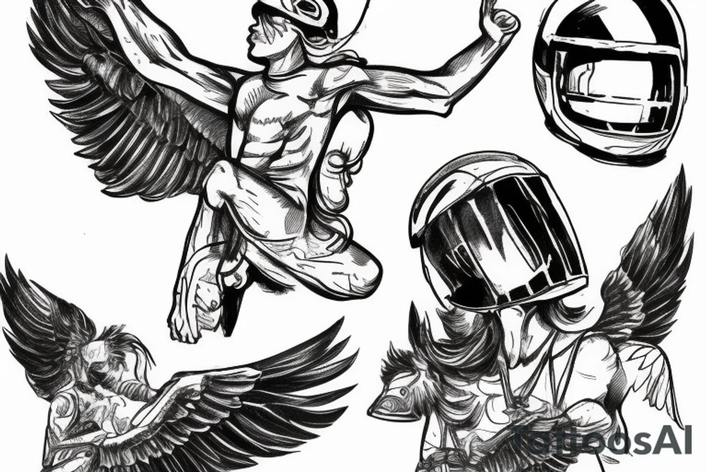 Icarus doing the icarus pose holding a motorcycle helmet in his right arm and looking at it tattoo idea