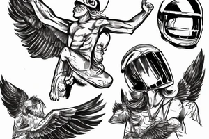 Icarus doing the icarus pose holding a motorcycle helmet in his right arm and looking at it tattoo idea