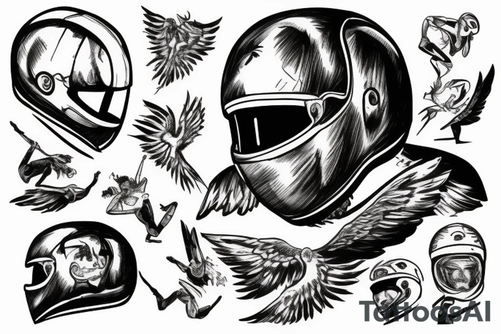 Icarus doing the icarus pose holding a motorcycle helmet in his right arm and looking at it tattoo idea