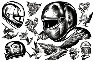 Icarus doing the icarus pose holding a motorcycle helmet in his right arm and looking at it tattoo idea
