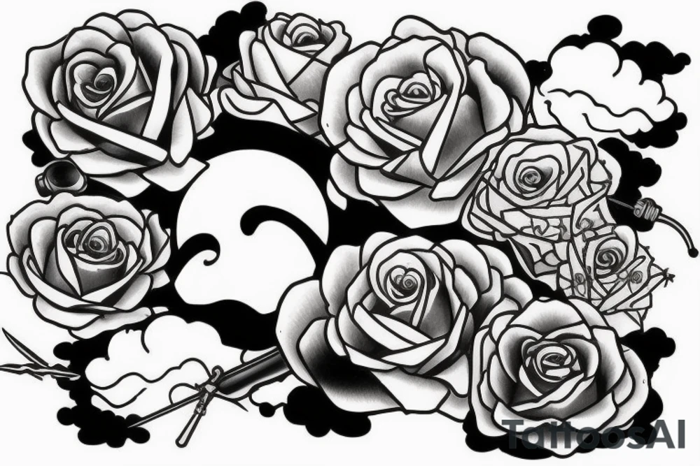Japanese style tattoo with sword clouds and roses tattoo idea