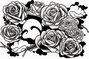 Japanese style tattoo with sword clouds and roses tattoo idea