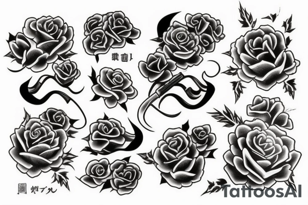 Japanese style tattoo with sword clouds and roses tattoo idea