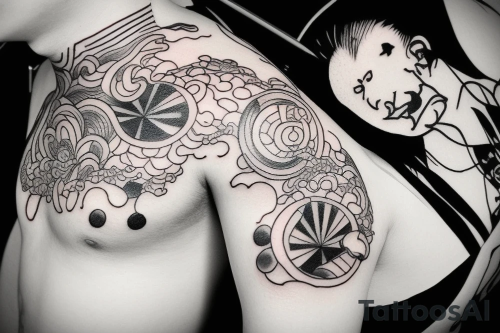 Japanese style tattoo with clouds and mask tattoo idea