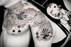 Japanese style tattoo with clouds and mask tattoo idea