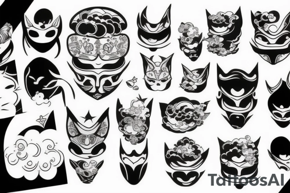 Japanese style tattoo with clouds and mask tattoo idea