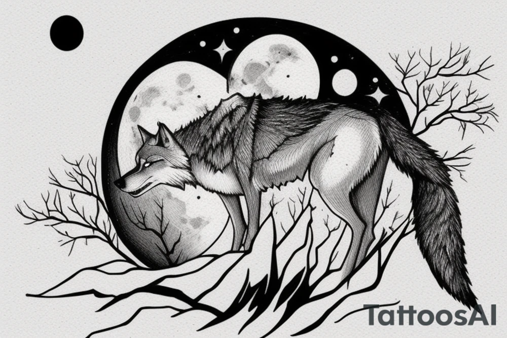 a wolf looking up the moon over a lake with tress, the lake is reflecting the moon and both the wolf and the moon shed a tear? tattoo idea