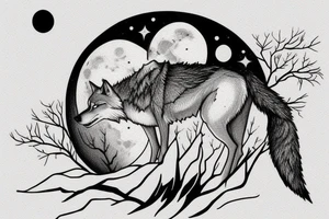 a wolf looking up the moon over a lake with tress, the lake is reflecting the moon and both the wolf and the moon shed a tear? tattoo idea