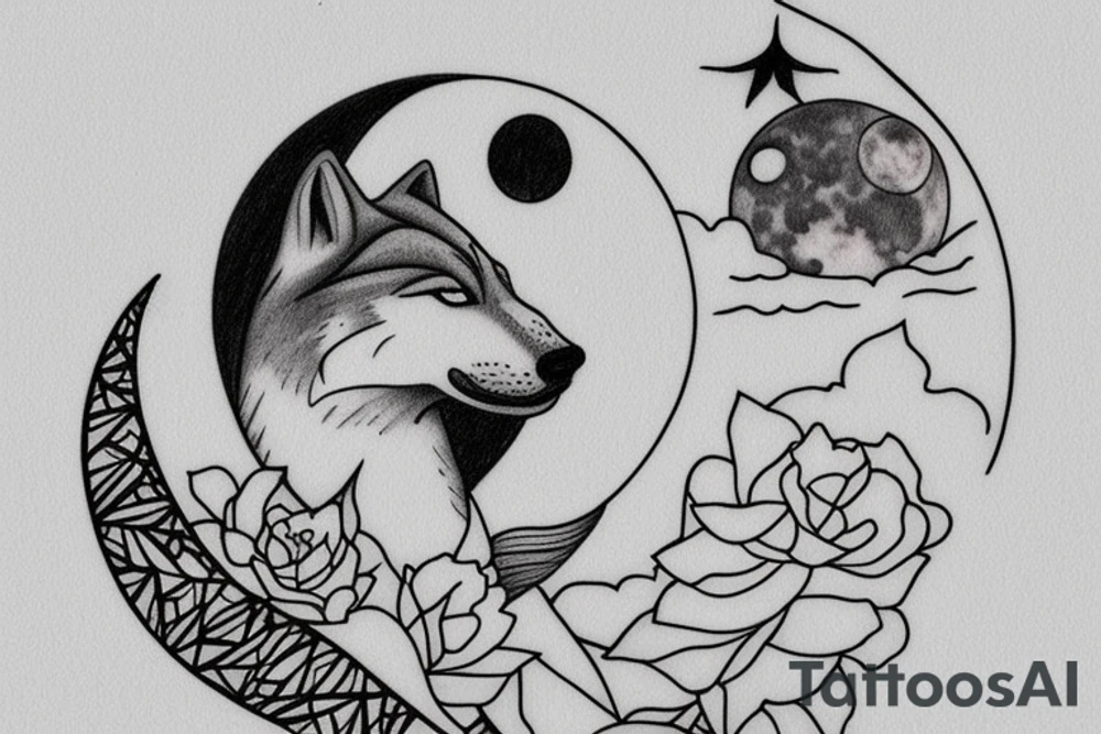 a wolf looking up the moon over a lake with tress, the lake is reflecting the moon and both the wolf and the moon shed a tear? tattoo idea