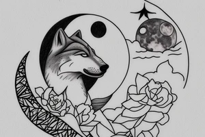 a wolf looking up the moon over a lake with tress, the lake is reflecting the moon and both the wolf and the moon shed a tear? tattoo idea