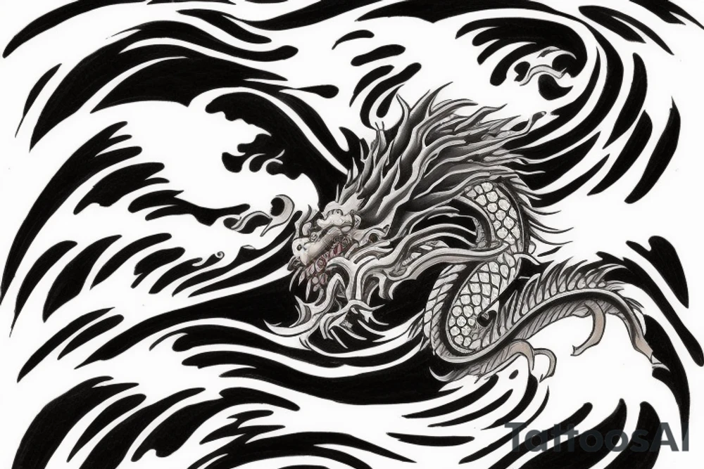 japanese dragon with 3 claws on each foot, rising up out of the waves to climb a mountain tattoo idea