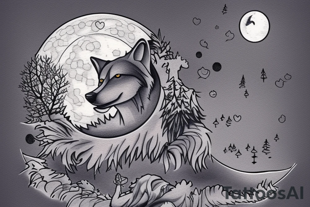 a wolf looking up the moon over a lake with tress, the lake is reflecting the moon and both the wolf and the moon shed a tear? tattoo idea