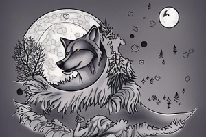 a wolf looking up the moon over a lake with tress, the lake is reflecting the moon and both the wolf and the moon shed a tear? tattoo idea