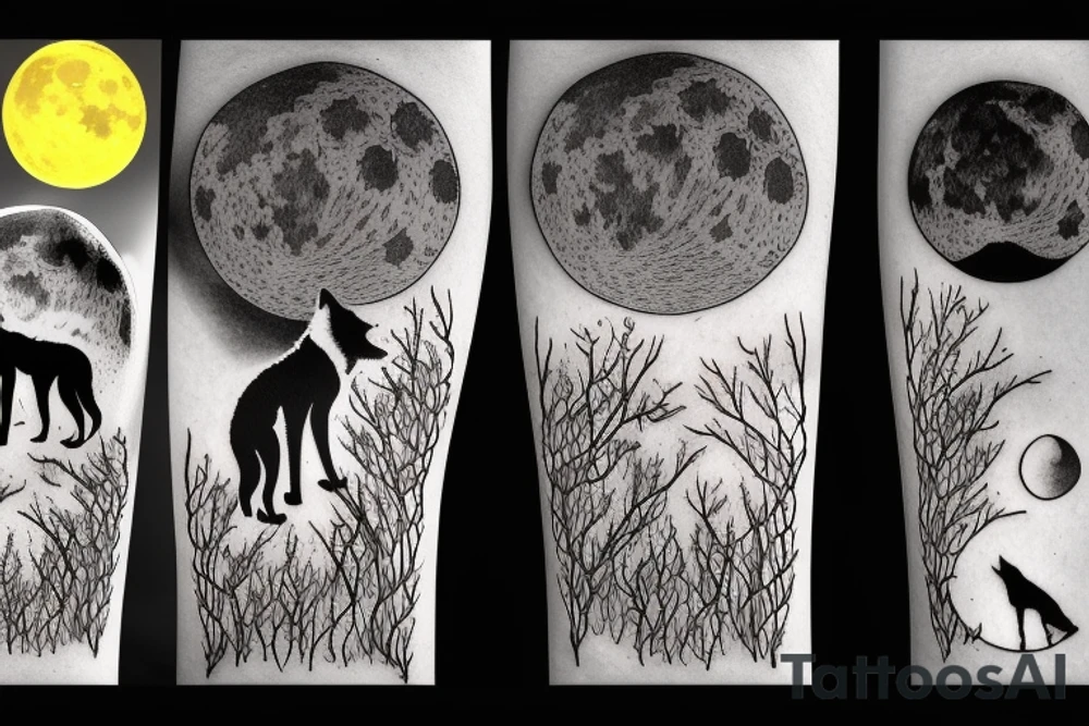 a wolf looking up the moon over a lake with tress, the lake is reflecting the moon and both the wolf and the moon shed a tear? tattoo idea