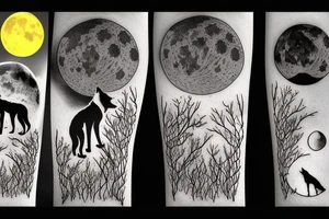 a wolf looking up the moon over a lake with tress, the lake is reflecting the moon and both the wolf and the moon shed a tear? tattoo idea