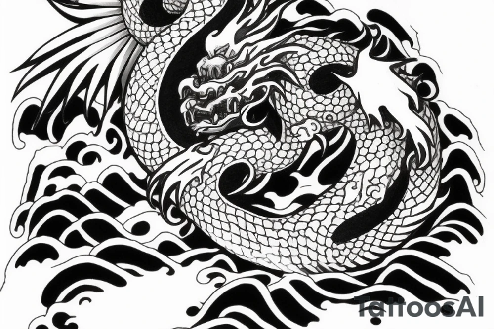 japanese dragon with 3 claws on each foot, rising up out of the waves to climb a mountain tattoo idea