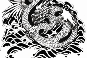 japanese dragon with 3 claws on each foot, rising up out of the waves to climb a mountain tattoo idea