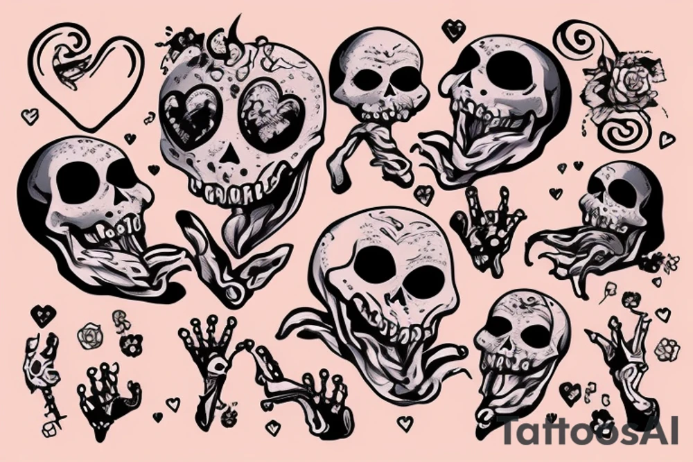 A skeleton praising a melting ice heart in hands tattoo idea