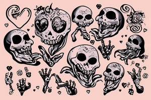 A skeleton praising a melting ice heart in hands tattoo idea