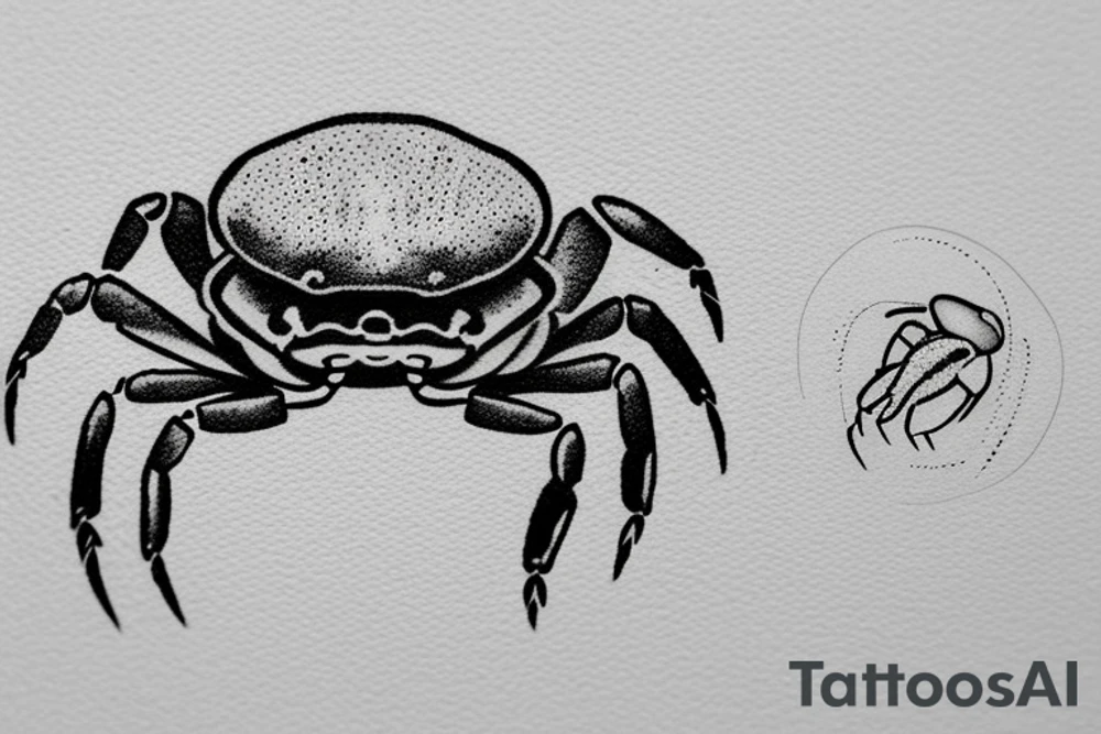 Generate an image of a small crab sitting on a beach, with a dotwork style, holding a boombox over its head, with the composition and pose reference to the iconic scene from the movie 'Say Anything'. tattoo idea