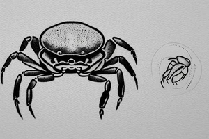 Generate an image of a small crab sitting on a beach, with a dotwork style, holding a boombox over its head, with the composition and pose reference to the iconic scene from the movie 'Say Anything'. tattoo idea