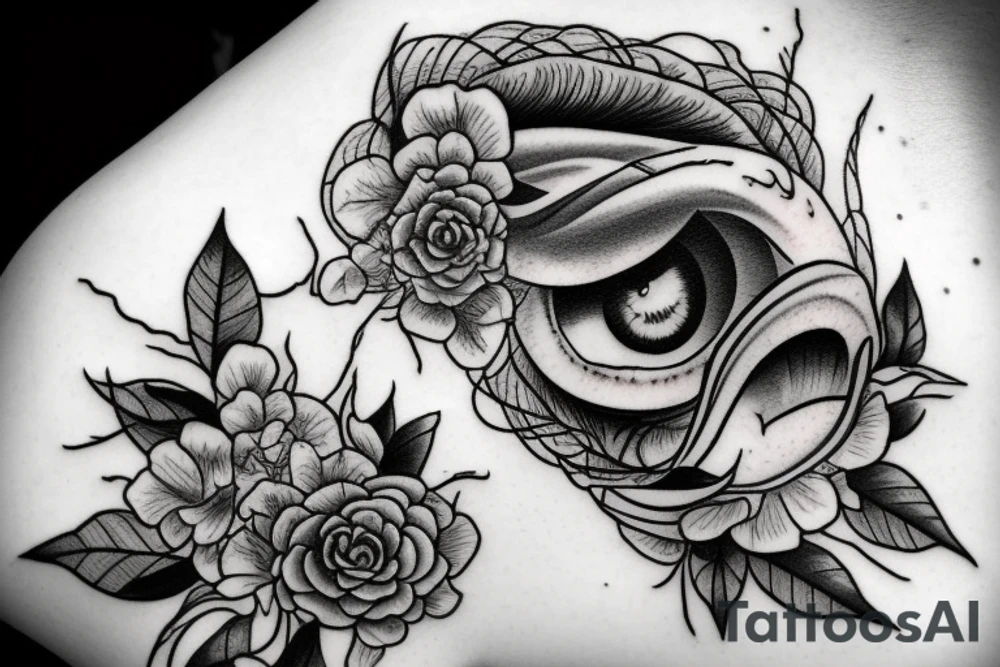 Stormy clouds with detailed eyes and flowers tattoo idea
