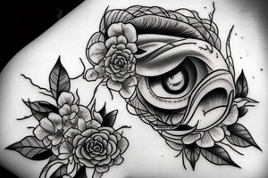Stormy clouds with detailed eyes and flowers tattoo idea