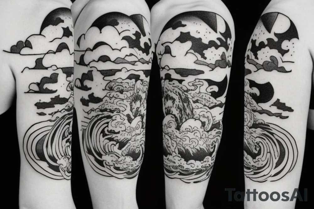 Stormy clouds with wolf and astronaut tattoo idea