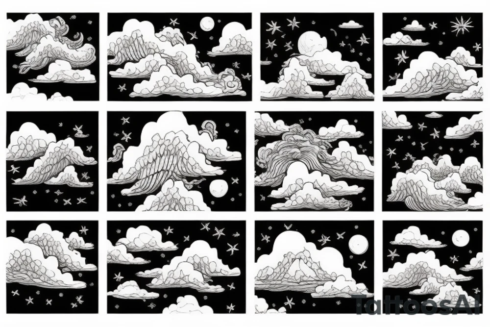 Stormy clouds with wolf and astronaut tattoo idea