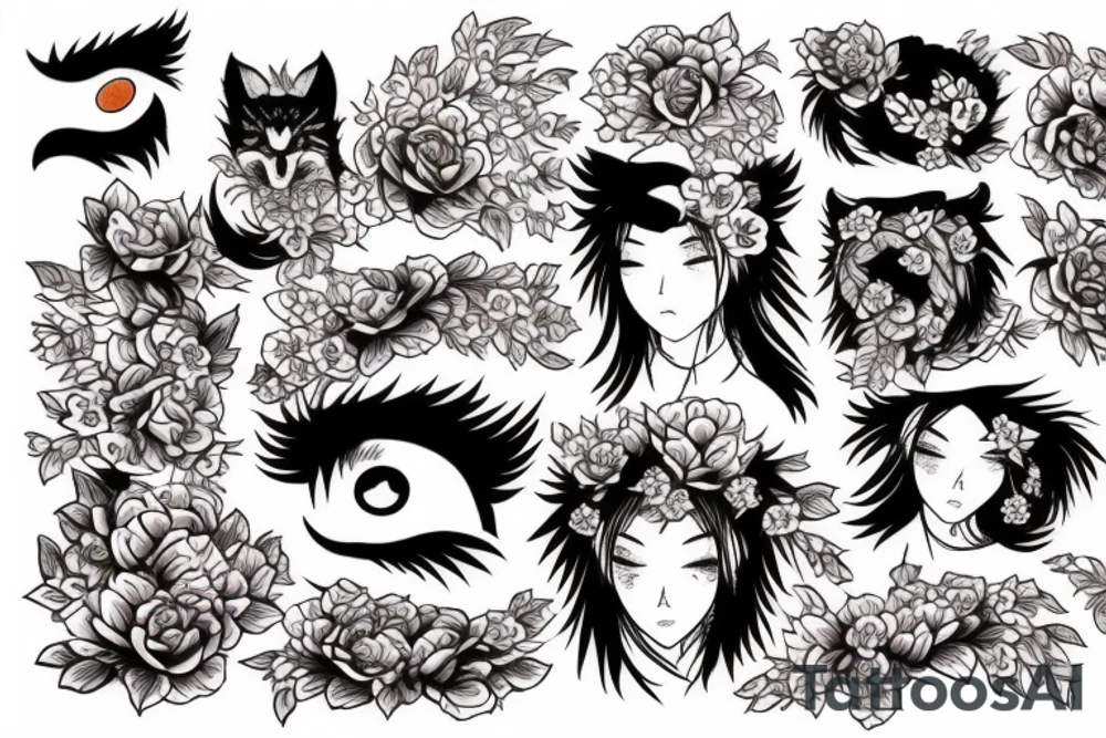 Eyes with flowers and wolfpelt tattoo idea