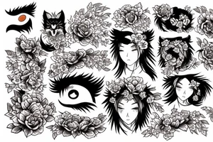 Eyes with flowers and wolfpelt tattoo idea