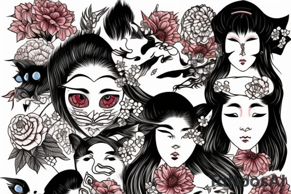 Eyes with flowers and wolfpelt tattoo idea