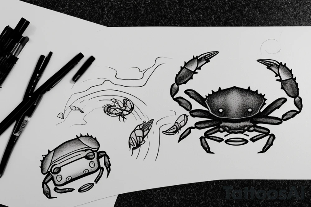Generate an image of a small crab sitting on a beach, including the water, holding a stereo boombox over its head, with the composition and pose reference to the iconic scene from the movie 'Say Anything'. tattoo idea