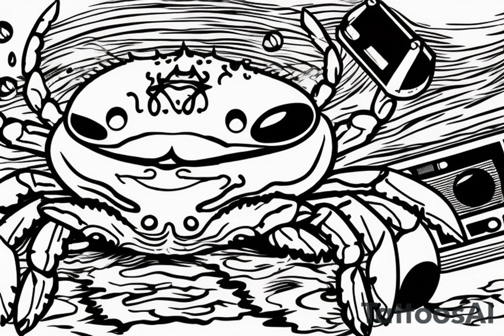 Generate an image of a small crab sitting on a beach, including the water, holding a stereo boombox over its head, with the composition and pose reference to the iconic scene from the movie 'Say Anything'. tattoo idea