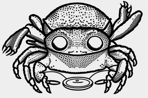 a small crab sitting on a beach, including the water, holding a stereo boombox over its head, with the composition and pose reference to the iconic scene from the movie 'Say Anything' tattoo idea
