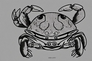 a small crab sitting on a beach, including the water, holding a stereo boombox over its head, like the iconic scene from the movie 'Say Anything' tattoo idea