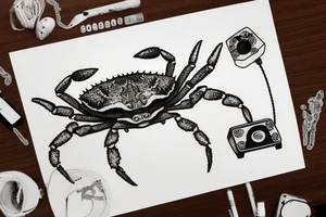 a small crab sitting on a beach, including the water, holding a stereo boombox over its head, like the iconic scene from the movie 'Say Anything' tattoo idea
