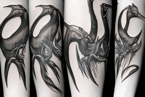 Quetzalcoatlus skull on forearms tattoo idea